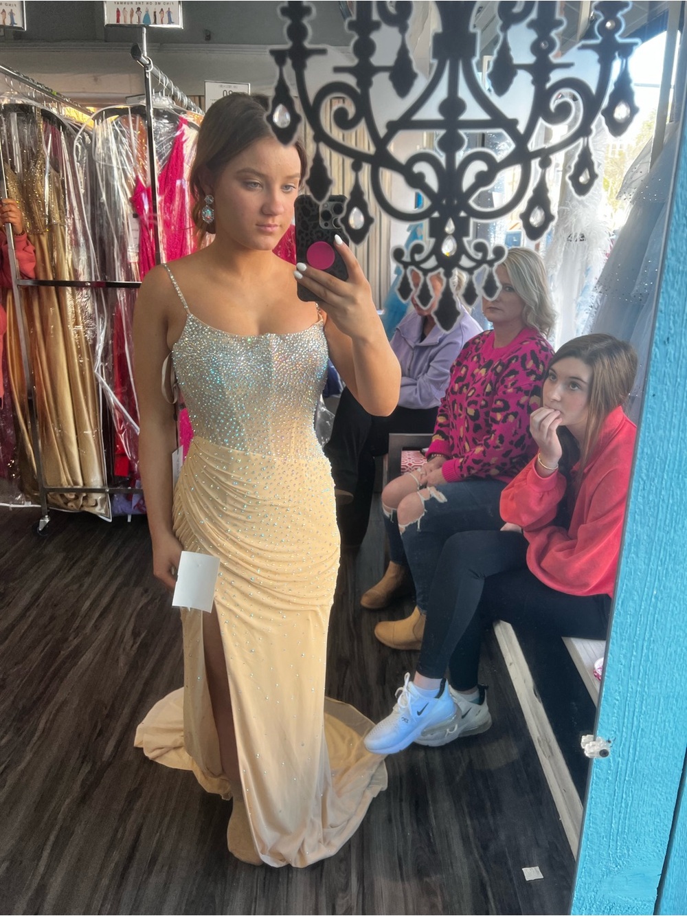Ashley Lauren Elegant Beige/Ivory Beaded Evening Gown with Spaghetti Straps